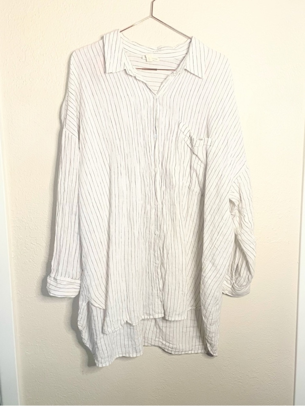 Eileen Fisher Organic Linen High Low Oversized Pinstripe Button Down